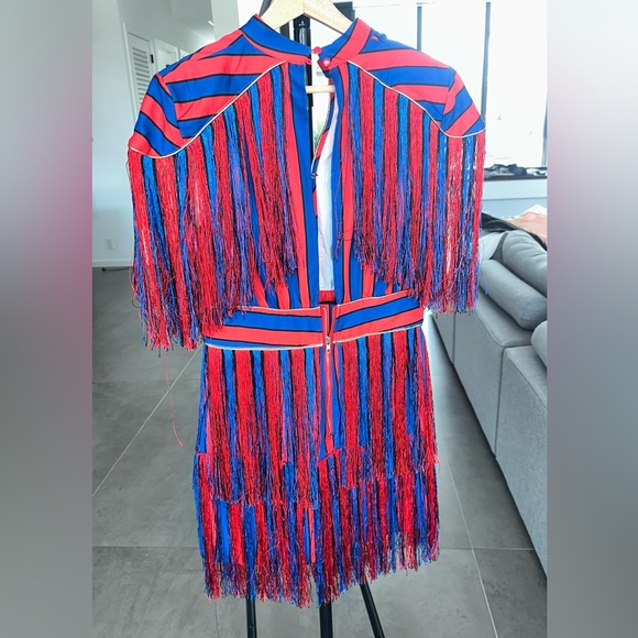 Striped Red and Blue Fringe tassel mini Dress - Picture 5 of 8